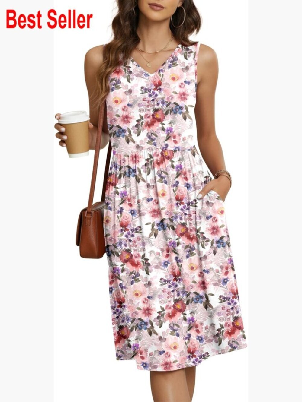 Summer V Neck Sleeveless Empire Waist Knee Length Dress with Pockets